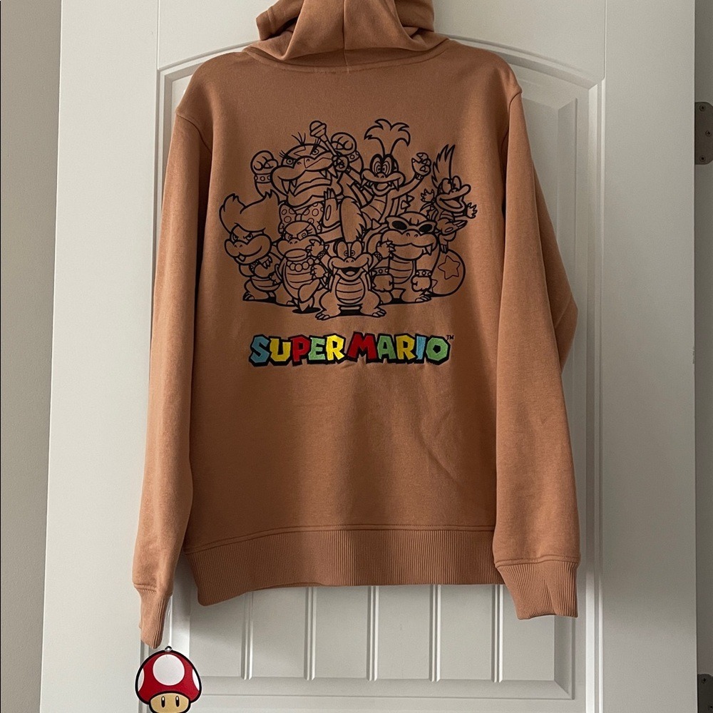 Nintendo Super Mario Embroidered Tan‎ Hoodie Mens Small Womens Medium NWT - Picture 2 of 5
